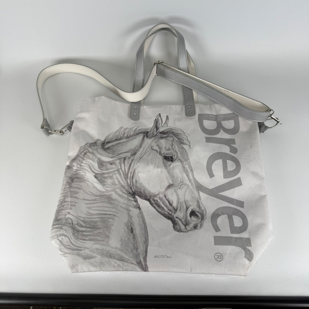 Breyer Sketch Horse Large Canvas Tote Bag Shoulder Bag White Silver Straps